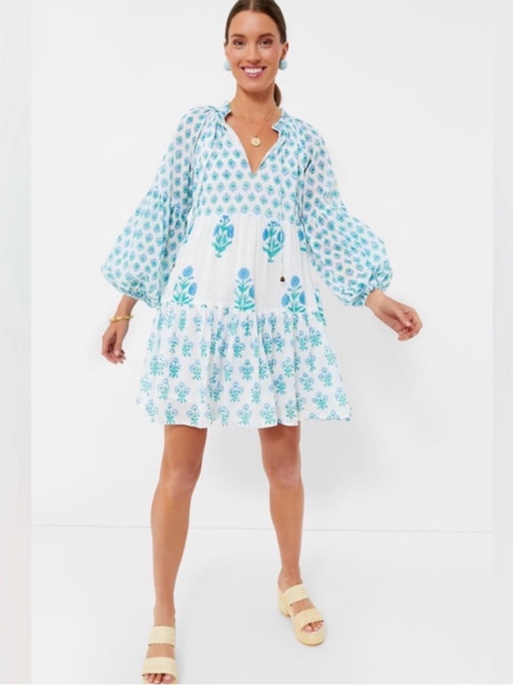Oliphant Tuckernuck Exclusive Blue Floral Balloon Sleeve Mini Resort Dress Small